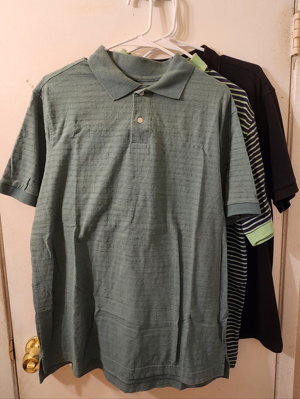 Merona Men's  Polo Shirt Bundle Teal Ribbed, Green & Navy Blue Striped & Black